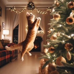 red tabby cat jumping on a Christmas tree in the living room 