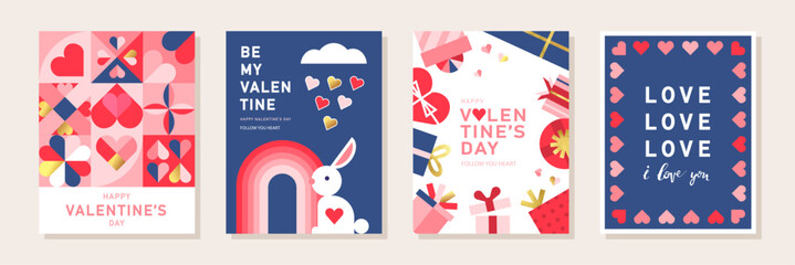 Happy Valentine's day, February 14th. Set of greeting cards, posters, holiday covers. Abstract design with romantic decorative elements. Modern minimalist geometric style.