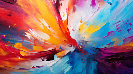 Explosive splatters of vibrant paint create a lively and dynamic abstract painting.