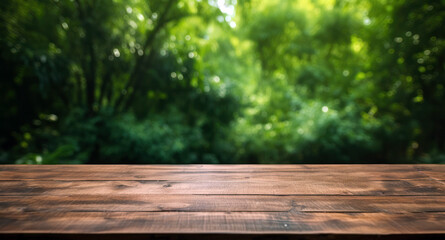 wooden table with green background