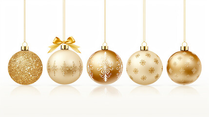 Collection of luxury  gold Christmas baubles with snowflake patterns hanging on white background