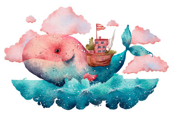 Whale in ocean with house on the back watercolor fantasy blue and pink illustration © EvgeniiasArt