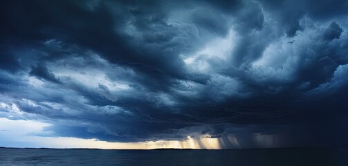 Nature fury. Dramatic storm unleashing power over darkened ocean featuring stormy sky rain laden clouds and threatening beauty of waves crashing against horizon