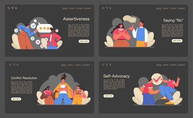 Assertiveness set. Characters display self-respect, conflict resolution, and empathy in interactions. Effective communication skills and respect in various scenarios. Flat vector illustration