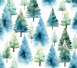 Watercolor Blue and Green Christmas Tree Pattern Background