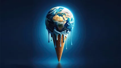 Foto auf Alu-Dibond Melting earth on ice cream cone against dark background, climate change concept. © Gregory O'Brien