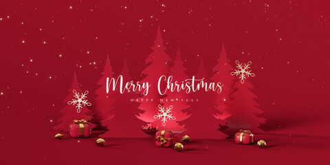 Red paper pine trees with Merry Christmas text and decoration on red background. Christmas greeting card design. 3D Rendering, 3D Illustration