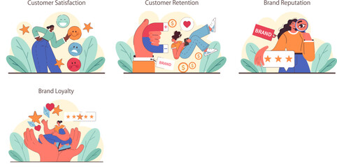 Fototapeta premium Brand Loyalty concept. A satisfied customer enjoys brand benefits, hearts, and stars signify satisfaction and trust. Nurturing consumer-brand relationships. Flat vector illustration