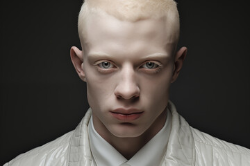 Handsome young man with albinism skin condition - albino - pale skin - white skin - red lips - short hair - white fashion wear - dark background