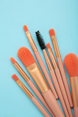 Professional female cosmetics brushes for makeup and eyelash brush on blue background. Cosmetics concept, make up concept