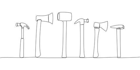 Set of hammer, nail puller, axe, hatchet, woodcutter, construction tool one line art. Continuous line drawing of repair, professional, hand, people, concept, support, maintenance.