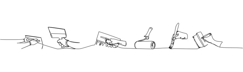 Set of paint roller and brushes, plaster spatula, repair tools one line art. Continuous line drawing of repair, professional, service, concept, support, maintenance, work, technician.