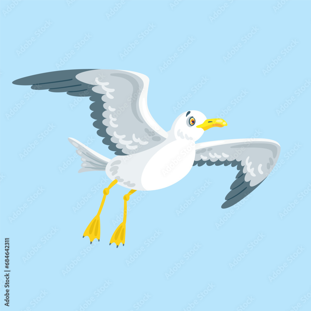 Sticker One white seagull is flying. In cartoon style. Isolated on blue background. Vector flat illustration