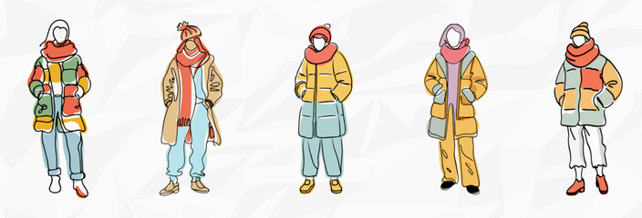 Kreative Wintermode: Fantasievolles Bundle mit modischen Frauen in winterlichen Outfits als künstlerische Lineart-Illustrationen