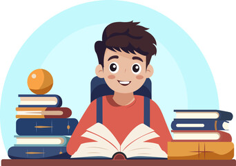 The boy surrounded by books who is reading them. Illustration in flat style