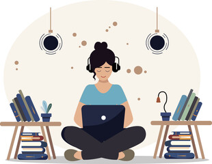 A woman with a laptop sits in books. Concept illustration for work, freelancing, study, education, work from home. Illustration in flat cartoon style