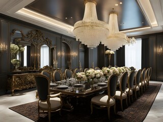 a dining room with a long, ornate table, intricate chandeliers, and seating for a large number of guests