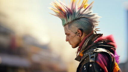 Young male punk with colorful mohawk hairstyle in the street