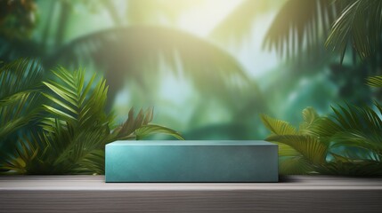 Exhibition podium for a variety of goods in Ashen and Aquamarine colors against a tropical background