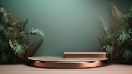 Exhibition podium for a variety of goods in Copper and Mint colors against a tropical background