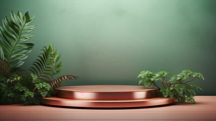 Exhibition podium for a variety of goods in Copper and Mint colors against a tropical background
