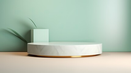 Exhibition podium for a variety of goods in Olive and Mint colors against a vegetation  background