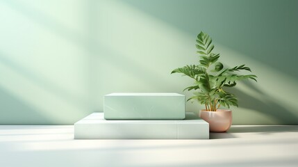 Exhibition podium for a variety of goods in Olive and Mint colors against a vegetation  background