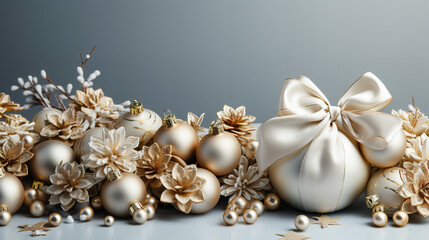 Christmas and New Year background with golden Christmas balls, pine cones and bow. Generative AI technology.
