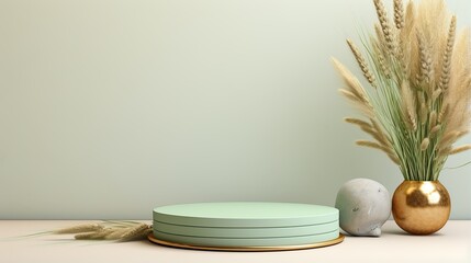 Exhibition podium for a variety of goods in Olive and Mint colors against a vegetation  background