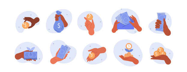 Fototapeta na wymiar Hand gestures illustrations set. Collections of diverse characters hands holding money coins, banknotes and other currency. Business, finance and investments concept. Vector illustration.