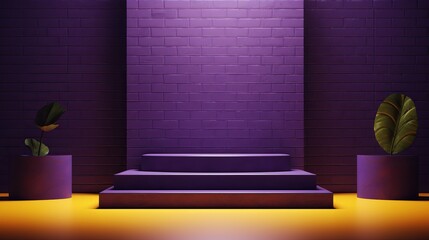 Exhibition podium for a variety of goods in Purple and Yellow colors against a vegetation  background - obrazy, fototapety, plakaty