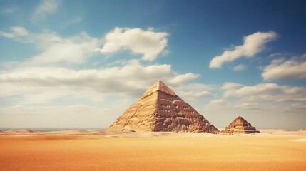 Pyramid in the sunny desert, travel banner, trip to Egypt
