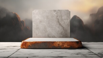 Exhibition podium for a variety of goods in Rust and Grey colors against a rock  background