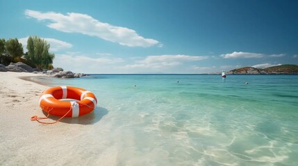 Fototapeta na wymiar Lifebuoy on sunny beach, holiday banner