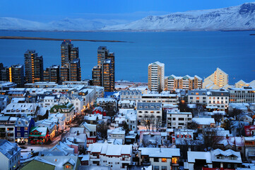 A twilight view of Reykjavik, Iceland (photographed from the top of Hallgrimskirkja)