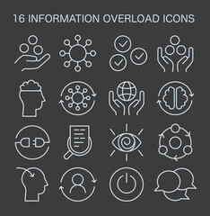 Information Overload Icons set. Graphic elements portraying brain fatigue, data management, and tech-induced stress. Navigating digital excess in modern life. Flat vector illustration