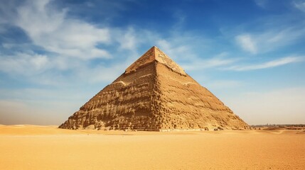 Pyramid in the sunny desert, travel banner, trip to Egypt