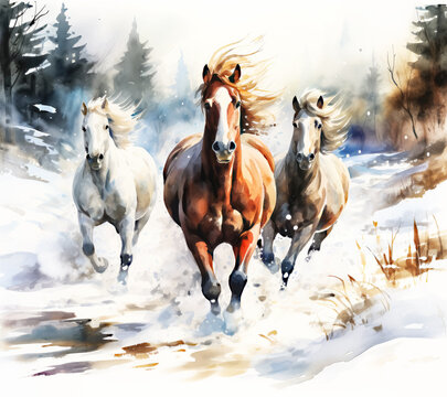 Three Watercolor Horses running in a Winter Forest Landscape Painting Background