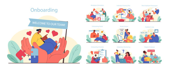 Onboarding set. Welcoming new hires with comprehensive steps. From orientation to becoming a team member. Flat vector illustration. - obrazy, fototapety, plakaty