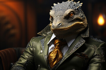 Reptile in a suit in a leather chair. Shadow government, cospirology concept