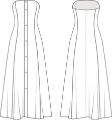 strapless sleeveless flared a line long maxi dress template technical drawing flat sketch cad mockup fashion woman