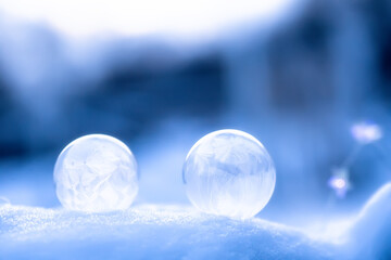 Two frozen soap balloons in the evening against the background of snow drifts