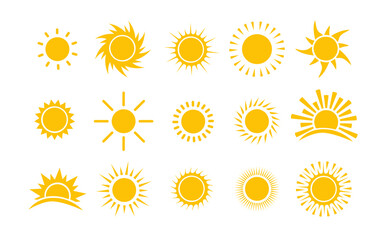 Sun icon set. Yellow sun star icons collection. Vector