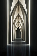 black and white image of a long, dark hallway with pointed arches. Light shines through the top, reflecting on the floor, creating a surreal feel, ai generative