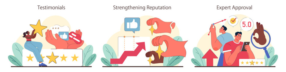 Social Proof concept. Customer testimonials, reputation growth, and expert validation as trust builders. Capturing user experiences and authoritative reviews. Flat vector illustration.