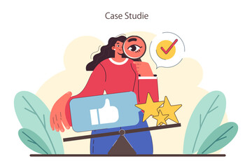 Case Studies concept. Detailed analysis and success stories highlighted through social media metrics and client testimonials. Flat vector illustration.