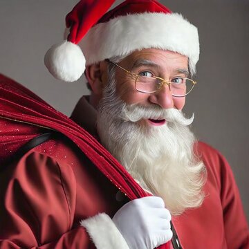 Santa Claus with a joyous expression, winking and smiling. The individual has a full white beard, mustache, and is wearing a Santa hat, gold-rimmed glasses, and white gloves. 