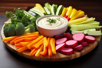 A platter of colorful vegetable crudit?(C)s with a bowl of tangy dip in the center.