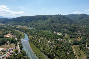 Fototapeta na wymiar Aerial panorama of a tranquil riverside community France camping