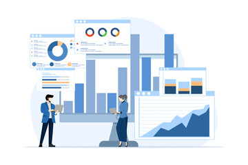 Business data analysis concept, Market Research, Planning, Product testing, statistics, financial infographics, management concept with business team doing analysis and research, flat illustration. - obrazy, fototapety, plakaty